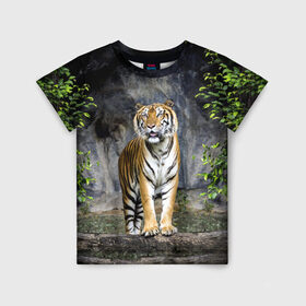 Детская футболка 3D с принтом ТИГР В ЛЕСУ в Петрозаводске, 100% гипоаллергенный полиэфир | прямой крой, круглый вырез горловины, длина до линии бедер, чуть спущенное плечо, ткань немного тянется | tiger | амурский | бенгальский | в зоопарке | в лесу | дикий | кошка | крупная | полосатый | тигр | тигренок | тигрица