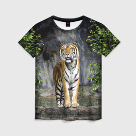 Женская футболка 3D с принтом ТИГР В ЛЕСУ в Петрозаводске, 100% полиэфир ( синтетическое хлопкоподобное полотно) | прямой крой, круглый вырез горловины, длина до линии бедер | tiger | амурский | бенгальский | в зоопарке | в лесу | дикий | кошка | крупная | полосатый | тигр | тигренок | тигрица