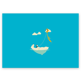 Поздравительная открытка с принтом ОБИТАТЕЛИ АНТАРКТИКИ в Петрозаводске, 100% бумага | плотность бумаги 280 г/м2, матовая, на обратной стороне линовка и место для марки
 | Тематика изображения на принте: белый медведь | воздушный змей | детский рисунок | мультяшный персонаж | небо голубое | облака | пингвин | рисунок
