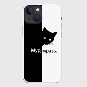 Чехол для iPhone 13 mini с принтом Черный кот в Петрозаводске,  |  | Тематика изображения на принте: буквы | глаза | кот | котик | кошка | минимал | надпись | настроение | простая надпись | текст | черно белое | черный кот | черный фон
