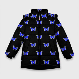 Зимняя куртка для девочек 3D с принтом Синие бабочки в Петрозаводске, ткань верха — 100% полиэстер; подклад — 100% полиэстер, утеплитель — 100% полиэстер. | длина ниже бедра, удлиненная спинка, воротник стойка и отстегивающийся капюшон. Есть боковые карманы с листочкой на кнопках, утяжки по низу изделия и внутренний карман на молнии. 

Предусмотрены светоотражающий принт на спинке, радужный светоотражающий элемент на пуллере молнии и на резинке для утяжки. | Тематика изображения на принте: бабочка | бабочки | воздух | живность природы | красивая бабочка | красота природы | крылья | летать | летают | летающее насекомое | летающие бабочки | насекомые | порхание | порхать