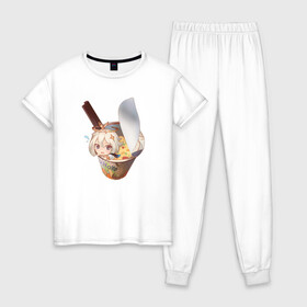 Женская пижама хлопок с принтом Paimon - Genshin Impact в Петрозаводске, 100% хлопок | брюки и футболка прямого кроя, без карманов, на брюках мягкая резинка на поясе и по низу штанин | anime | genshin impact | kli | liza | mem | meme | paimon | zelda | аниме | барбара | геншин | геншин импакт | зельда | китайская | кли | лиза | мем | ммо | паймон | фишль | эмбер | япоская