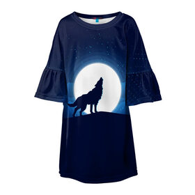 Детское платье 3D с принтом Воющий на луну в Петрозаводске, 100% полиэстер | прямой силуэт, чуть расширенный к низу. Круглая горловина, на рукавах — воланы | Тематика изображения на принте: волк вобщий на луну | звезды | луна | небо | ночное небо | полнолуние