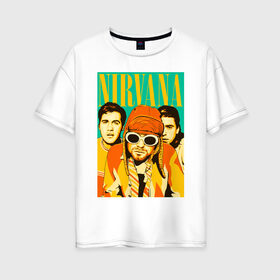 Женская футболка хлопок Oversize с принтом NIRVANA в Петрозаводске, 100% хлопок | свободный крой, круглый ворот, спущенный рукав, длина до линии бедер
 | nirvana | nirvana smells like | rock | teen spirit | курт кобейн | нирвана | песни | рок.