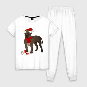 Женская пижама хлопок с принтом Новогодний питбуль в Петрозаводске, 100% хлопок | брюки и футболка прямого кроя, без карманов, на брюках мягкая резинка на поясе и по низу штанин | 