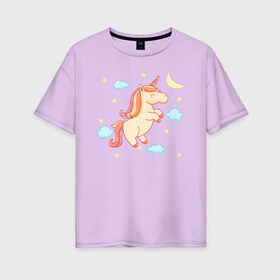 Женская футболка хлопок Oversize с принтом Happy unicorn в Петрозаводске, 100% хлопок | свободный крой, круглый ворот, спущенный рукав, длина до линии бедер
 | moon | unicorn | единорог | звезды | месяц | облачка