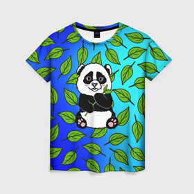 Женская футболка 3D с принтом Панда в Петрозаводске, 100% полиэфир ( синтетическое хлопкоподобное полотно) | прямой крой, круглый вырез горловины, длина до линии бедер | baby | bear | kawaii | teddy | бамбук | ветки | животные | игрушка | каваи | китай | коала | листья | малыш | медведь | медвежата | медвежонок | мультяшный | панда | пандочка | плюшевый | подарок | природа | пушистый
