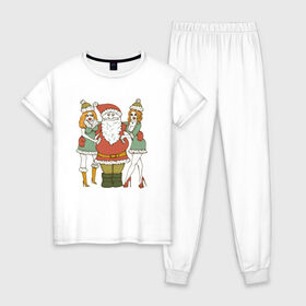 Женская пижама хлопок с принтом Дед Мороз и Снегурочки в Петрозаводске, 100% хлопок | брюки и футболка прямого кроя, без карманов, на брюках мягкая резинка на поясе и по низу штанин | 