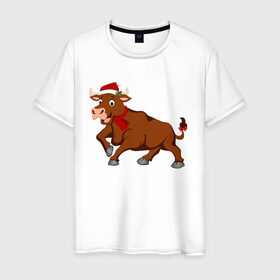 Мужская футболка хлопок с принтом Праздничный бык в Петрозаводске, 100% хлопок | прямой крой, круглый вырез горловины, длина до линии бедер, слегка спущенное плечо. | 