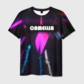 Мужская футболка 3D с принтом CAMELLIA в Петрозаводске, 100% полиэфир | прямой крой, круглый вырез горловины, длина до линии бедер | абстракция | геометрия | неоновый огонь | неоновый полосы | неоновый свет