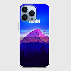 Чехол для iPhone 13 Pro с принтом HUSH в Петрозаводске,  |  | Тематика изображения на принте: голубое небо | горы | долина | закат | нарисованные горы | облака | природа | птицы | рассвет | тропики