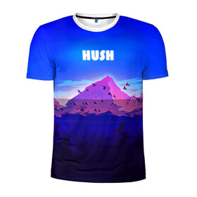 Мужская футболка 3D спортивная с принтом HUSH в Петрозаводске, 100% полиэстер с улучшенными характеристиками | приталенный силуэт, круглая горловина, широкие плечи, сужается к линии бедра | Тематика изображения на принте: голубое небо | горы | долина | закат | нарисованные горы | облака | природа | птицы | рассвет | тропики