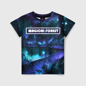 Детская футболка 3D с принтом MAGICAL FOREST в Петрозаводске, 100% гипоаллергенный полиэфир | прямой крой, круглый вырез горловины, длина до линии бедер, чуть спущенное плечо, ткань немного тянется | звездное небо | магический лес | неоновая пыль | неоновые линии | озеро ночью | отражение в озере | светлячки в лесу