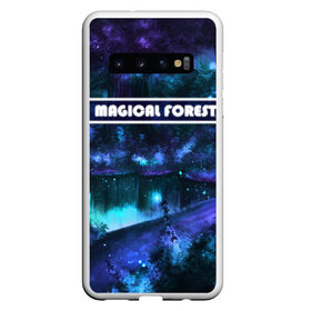 Чехол для Samsung Galaxy S10 с принтом MAGICAL FOREST в Петрозаводске, Силикон | Область печати: задняя сторона чехла, без боковых панелей | Тематика изображения на принте: звездное небо | магический лес | неоновая пыль | неоновые линии | озеро ночью | отражение в озере | светлячки в лесу