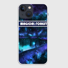 Чехол для iPhone 13 mini с принтом MAGICAL FOREST в Петрозаводске,  |  | звездное небо | магический лес | неоновая пыль | неоновые линии | озеро ночью | отражение в озере | светлячки в лесу