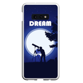 Чехол для Samsung S10E с принтом DREAM в Петрозаводске, Силикон | Область печати: задняя сторона чехла, без боковых панелей | 2d рисунок | звездное небо | луна | минимализм | ночное небо | полнолуние | человек с телескопом