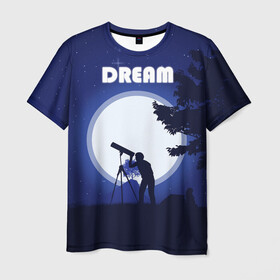 Мужская футболка 3D с принтом DREAM в Петрозаводске, 100% полиэфир | прямой крой, круглый вырез горловины, длина до линии бедер | 2d рисунок | звездное небо | луна | минимализм | ночное небо | полнолуние | человек с телескопом