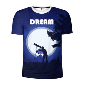 Мужская футболка 3D спортивная с принтом DREAM в Петрозаводске, 100% полиэстер с улучшенными характеристиками | приталенный силуэт, круглая горловина, широкие плечи, сужается к линии бедра | Тематика изображения на принте: 2d рисунок | звездное небо | луна | минимализм | ночное небо | полнолуние | человек с телескопом
