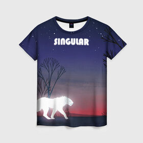 Женская футболка 3D с принтом SINGULAR в Петрозаводске, 100% полиэфир ( синтетическое хлопкоподобное полотно) | прямой крой, круглый вырез горловины, длина до линии бедер | алый закат | звездное небо | неоновый тигр | ночное небо | тигр на закате