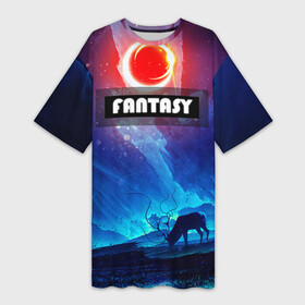 Платье-футболка 3D с принтом FANTASY в Петрозаводске,  |  | горы | ледяные глыбы | неоновая луна | неоновая планета | неоновый свет | ночное небо | олень | фантастика | фентези