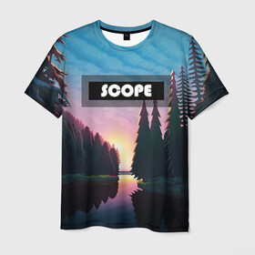 Мужская футболка 3D с принтом SCOPE в Петрозаводске, 100% полиэфир | прямой крой, круглый вырез горловины, длина до линии бедер | вечернее небо | голубое небо | деревья | закат | лес | неоновая надпись | озеро | река