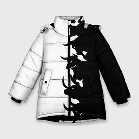 Зимняя куртка для девочек 3D с принтом Символ 2021 Год Быка в Петрозаводске, ткань верха — 100% полиэстер; подклад — 100% полиэстер, утеплитель — 100% полиэстер. | длина ниже бедра, удлиненная спинка, воротник стойка и отстегивающийся капюшон. Есть боковые карманы с листочкой на кнопках, утяжки по низу изделия и внутренний карман на молнии. 

Предусмотрены светоотражающий принт на спинке, радужный светоотражающий элемент на пуллере молнии и на резинке для утяжки. | 2021 | bull | bulls | christmas | new year | бык | быка | быки | год | год быка | гороскоп | новый год | новыйгод | подарок.символ года | символ 2021 | символ новый год