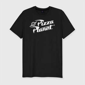 Мужская футболка хлопок Slim с принтом Pizza Planet в Петрозаводске, 92% хлопок, 8% лайкра | приталенный силуэт, круглый вырез ворота, длина до линии бедра, короткий рукав | pixar | pizza planet | toy story | vdzabma | история игрушек | пиксар