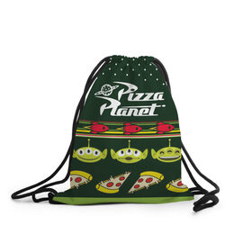 Рюкзак-мешок 3D с принтом Pizza Planet в Петрозаводске, 100% полиэстер | плотность ткани — 200 г/м2, размер — 35 х 45 см; лямки — толстые шнурки, застежка на шнуровке, без карманов и подкладки | Тематика изображения на принте: pixar | pizza planet | toy story | vdzabma | история игрушек | пиксар