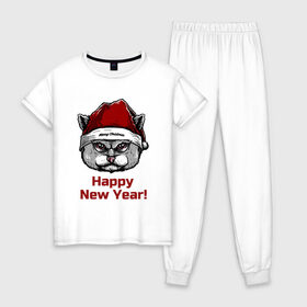 Женская пижама хлопок с принтом Злой кот Happy New Year! в Петрозаводске, 100% хлопок | брюки и футболка прямого кроя, без карманов, на брюках мягкая резинка на поясе и по низу штанин | 