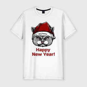 Мужская футболка хлопок Slim с принтом Злой кот Happy New Year! в Петрозаводске, 92% хлопок, 8% лайкра | приталенный силуэт, круглый вырез ворота, длина до линии бедра, короткий рукав | 
