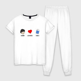 Женская пижама хлопок с принтом MOB LOVES MILK (Z) в Петрозаводске, 100% хлопок | брюки и футболка прямого кроя, без карманов, на брюках мягкая резинка на поясе и по низу штанин | Тематика изображения на принте: 