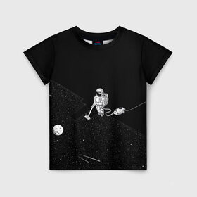 Детская футболка 3D с принтом Космический клининг в Петрозаводске, 100% гипоаллергенный полиэфир | прямой крой, круглый вырез горловины, длина до линии бедер, чуть спущенное плечо, ткань немного тянется | cleaner | cosmonaut | moon | space | stars | vacuum | звезды | космонавт | космос | луна | пылесос | уборка