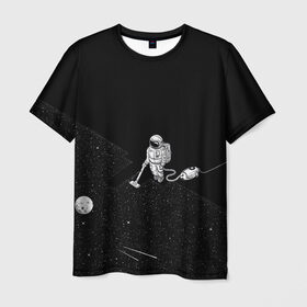 Мужская футболка 3D с принтом Космический клининг в Петрозаводске, 100% полиэфир | прямой крой, круглый вырез горловины, длина до линии бедер | cleaner | cosmonaut | moon | space | stars | vacuum | звезды | космонавт | космос | луна | пылесос | уборка