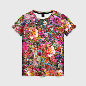 Женская футболка 3D с принтом Разные цветы в Петрозаводске, 100% полиэфир ( синтетическое хлопкоподобное полотно) | прямой крой, круглый вырез горловины, длина до линии бедер | колокольчики | красота | пион | прикольная | природа | растения | роза | тюльпан | цветок | цветы