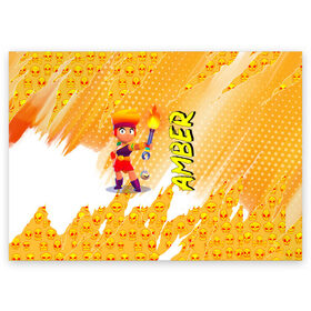 Поздравительная открытка с принтом Brawl Stars - Amber в Петрозаводске, 100% бумага | плотность бумаги 280 г/м2, матовая, на обратной стороне линовка и место для марки
 | Тематика изображения на принте: brawl | break dance | leon | moba | stars | supercell | surfing | игра | коллаборация | коллаж | паттерн