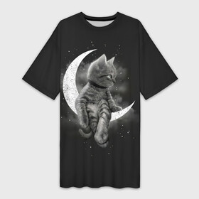 Платье-футболка 3D с принтом Котик на луне в Петрозаводске,  |  | cat | likee | tik tok | астронавт | вселенная | галактика | грозовой кошак | дым | звезда | космос | кот | кот в космосе | кот на луне | котик | кошак | кошечка | кошка | лайки | луна | милый кот | мур | мяу | облако