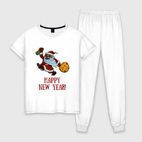 Женская пижама хлопок с принтом Happy New Year! в Петрозаводске, 100% хлопок | брюки и футболка прямого кроя, без карманов, на брюках мягкая резинка на поясе и по низу штанин | 