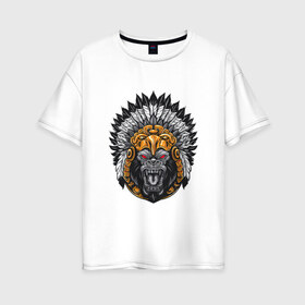 Женская футболка хлопок Oversize с принтом Шаман обезьян в Петрозаводске, 100% хлопок | свободный крой, круглый ворот, спущенный рукав, длина до линии бедер
 | арт | дикий | дикий зверь | дикое животное | зверь | индеец | индейцы | обезьяна | рисунок | шимпанзе