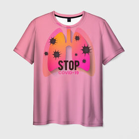 Мужская футболка 3D с принтом Stop COVID-19 в Петрозаводске, 100% полиэфир | прямой крой, круглый вырез горловины, длина до линии бедер | 19 | bacteria | covid | red | stop | анти | бактерии | бактерия | вирус | ковид | корона | короно | красный | легкие | маска | медицинская | стоп