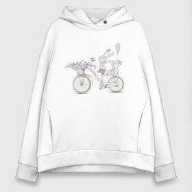 Женское худи Oversize хлопок с принтом Кролики на велосипеде в Петрозаводске, френч-терри — 70% хлопок, 30% полиэстер. Мягкий теплый начес внутри —100% хлопок | боковые карманы, эластичные манжеты и нижняя кромка, капюшон на магнитной кнопке | ball | bike | bunny | flowers | велосипед | зайчики | кролики | цветы | шарик