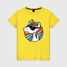 Женская футболка хлопок с принтом Стильный единорог в Петрозаводске, 100% хлопок | прямой крой, круглый вырез горловины, длина до линии бедер, слегка спущенное плечо | rainbow | unicorn | единорог | очки | радуга