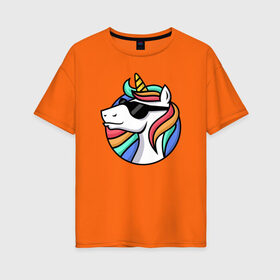 Женская футболка хлопок Oversize с принтом Стильный единорог в Петрозаводске, 100% хлопок | свободный крой, круглый ворот, спущенный рукав, длина до линии бедер
 | rainbow | unicorn | единорог | очки | радуга