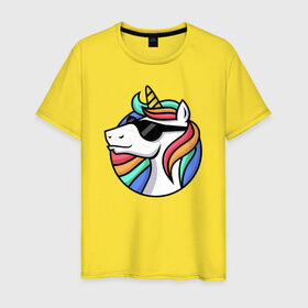 Мужская футболка хлопок с принтом Стильный единорог в Петрозаводске, 100% хлопок | прямой крой, круглый вырез горловины, длина до линии бедер, слегка спущенное плечо. | rainbow | unicorn | единорог | очки | радуга