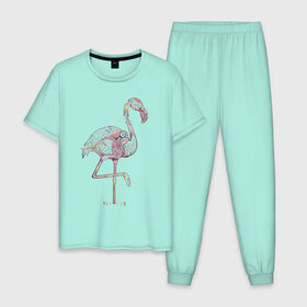 Мужская пижама хлопок с принтом Узорчатый фламинго в Петрозаводске, 100% хлопок | брюки и футболка прямого кроя, без карманов, на брюках мягкая резинка на поясе и по низу штанин
 | bird | flamingo | spiral | птица | спираль | узор | фламинго