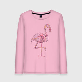 Женский лонгслив хлопок с принтом Узорчатый фламинго в Петрозаводске, 100% хлопок |  | bird | flamingo | spiral | птица | спираль | узор | фламинго