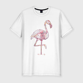 Мужская футболка хлопок Slim с принтом Узорчатый фламинго в Петрозаводске, 92% хлопок, 8% лайкра | приталенный силуэт, круглый вырез ворота, длина до линии бедра, короткий рукав | Тематика изображения на принте: bird | flamingo | spiral | птица | спираль | узор | фламинго
