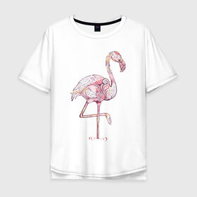 Мужская футболка хлопок Oversize с принтом Узорчатый фламинго в Петрозаводске, 100% хлопок | свободный крой, круглый ворот, “спинка” длиннее передней части | Тематика изображения на принте: bird | flamingo | spiral | птица | спираль | узор | фламинго