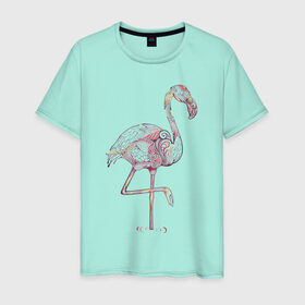 Мужская футболка хлопок с принтом Узорчатый фламинго в Петрозаводске, 100% хлопок | прямой крой, круглый вырез горловины, длина до линии бедер, слегка спущенное плечо. | Тематика изображения на принте: bird | flamingo | spiral | птица | спираль | узор | фламинго