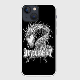 Чехол для iPhone 13 mini с принтом Devourment в Петрозаводске,  |  | devourment | rock | белый | гигантский | готик | звери | земляной | иностранные | медивал | метал | на английском | надписи | надпись | рок | стиль | ужас | фантастика | червь | черный | чудовище | щрифт