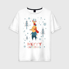 Женская футболка хлопок Oversize с принтом Merry Christmas (Собачки) в Петрозаводске, 100% хлопок | свободный крой, круглый ворот, спущенный рукав, длина до линии бедер
 | 